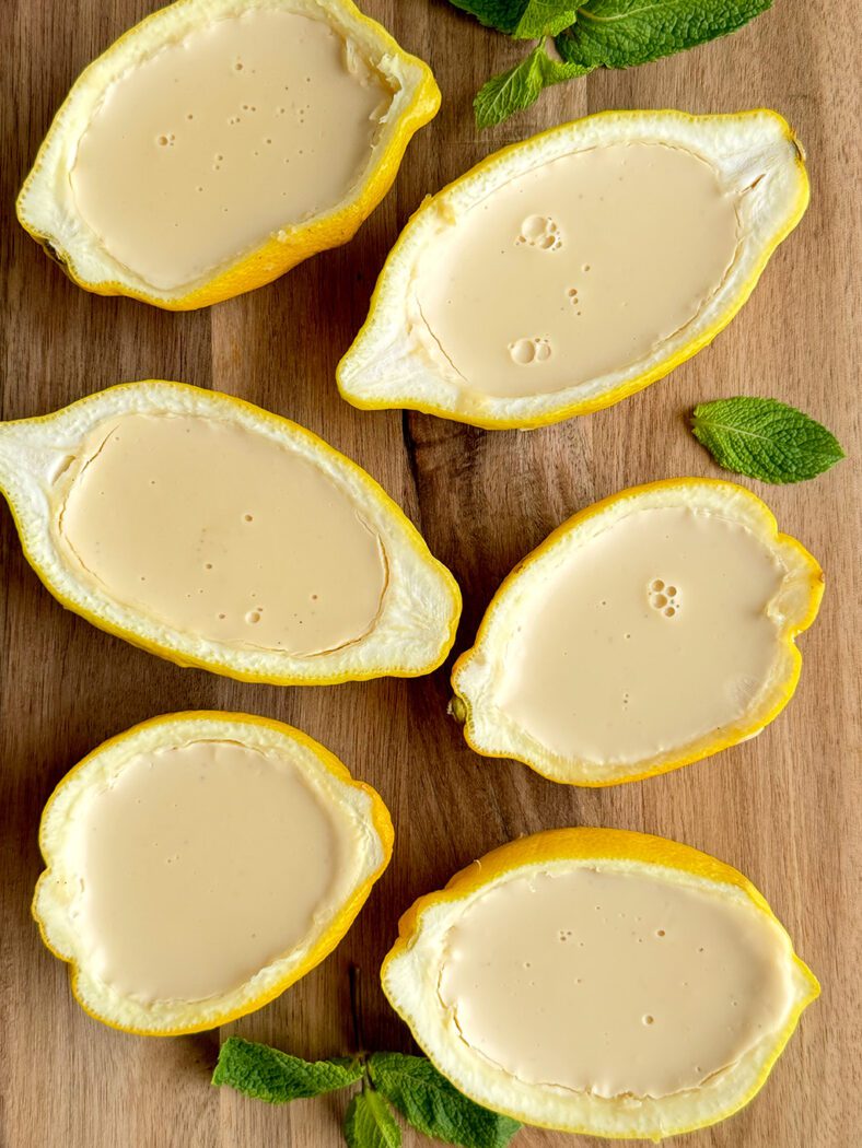 Lemon possets on a cutting board 